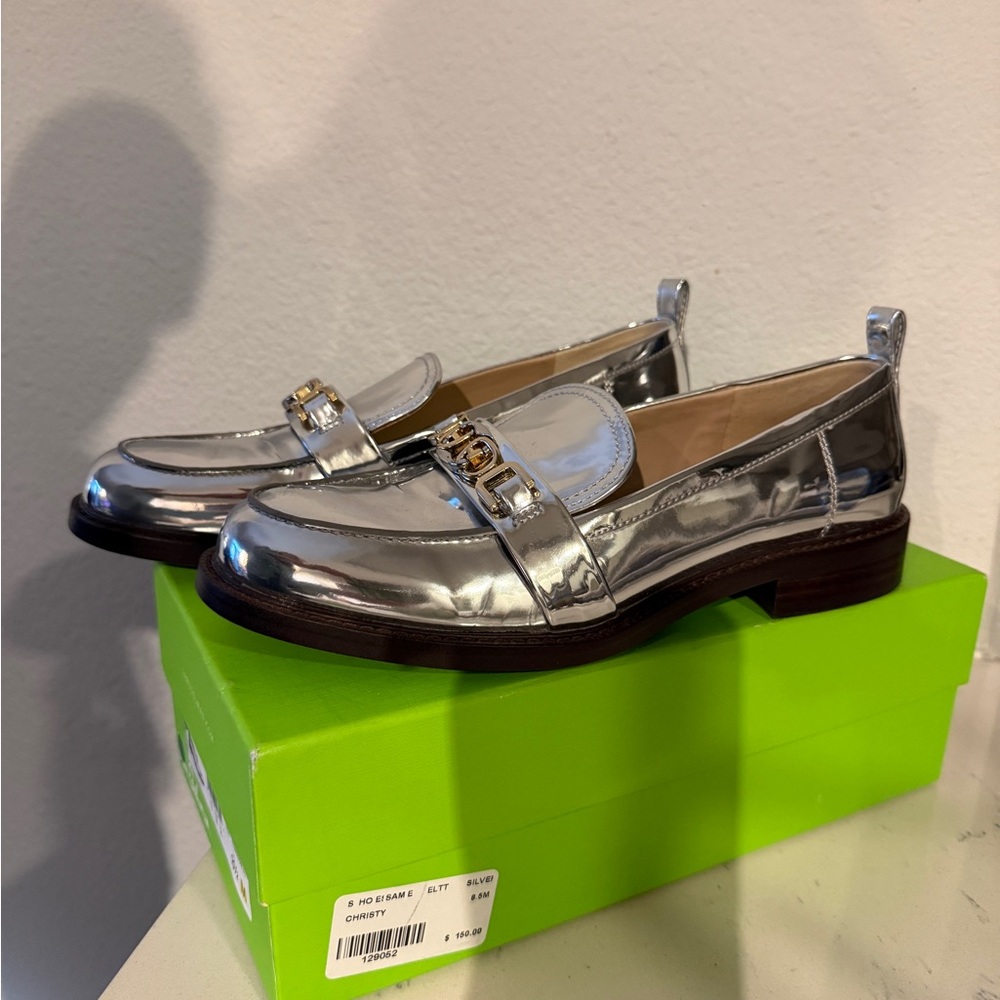 Sam Edelman Christy Silver Metallic Leather Women's Loafers with Chain Accent